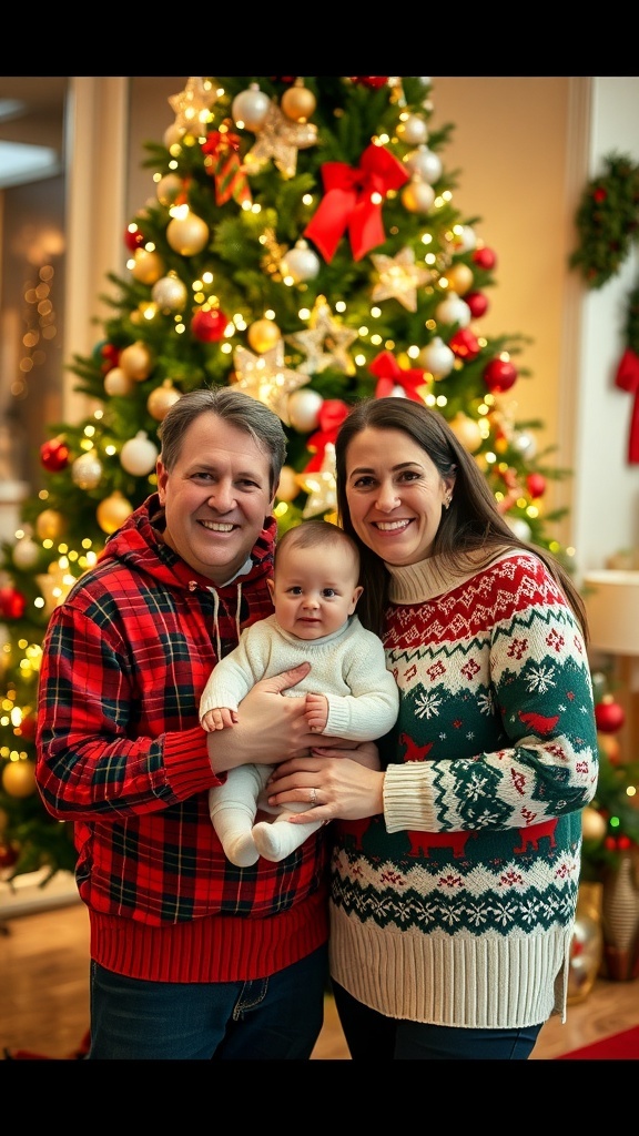 A family of four with a baby posing in front of a Christmas tree for a holiday card.